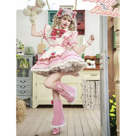 イチゴストライプメイドワンピース  小物ありAセット ops070 予約商品