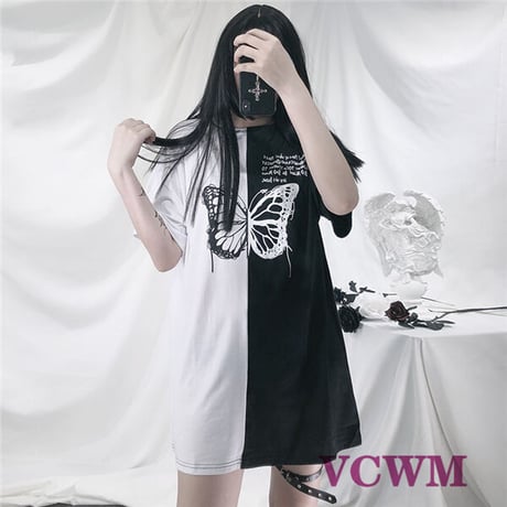 バイカラーバタフライプリントロング丈Tシャツ 1023