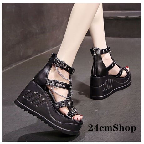 24cmShop ブラックエナメルスニーカー風厚底サンダル 1207