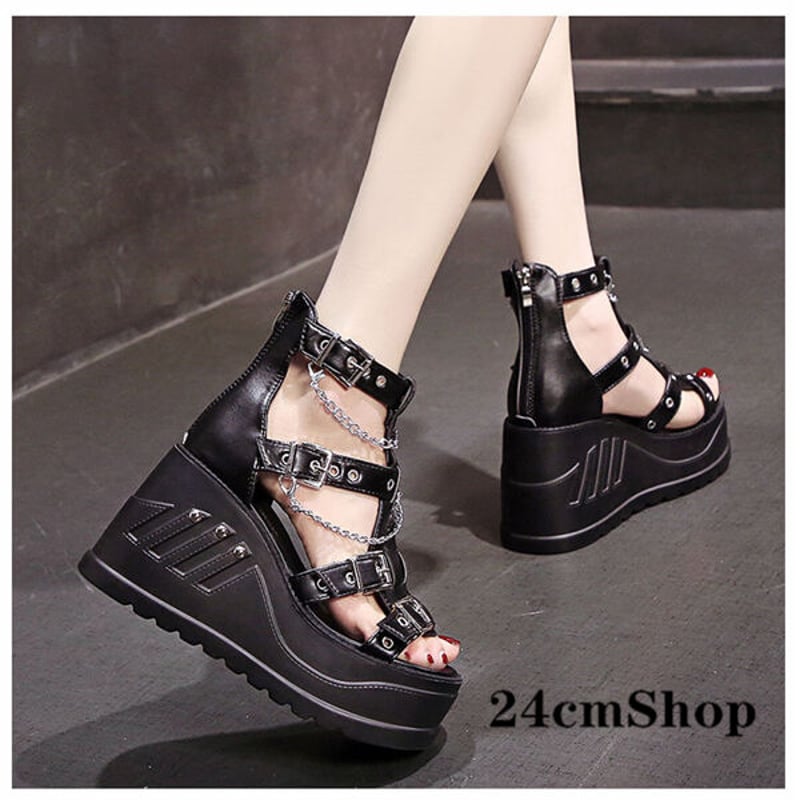 24cmShop ブラックエナメルスニーカー風厚底サンダル 1207 24cmShop ブラックエナメルスニーカー風厚底サンダル 1207