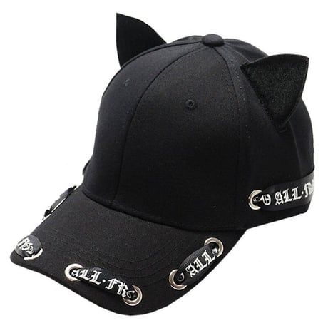 猫耳ロングロゴリボンストラップ付きキャップ-猫耳ロゴストラップキャップ1307