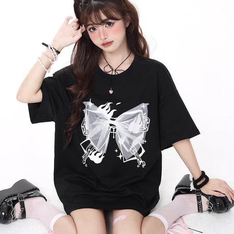 バタフライオリジナルプリントインスウィートガールルーズラウンドネックTシャツ1353