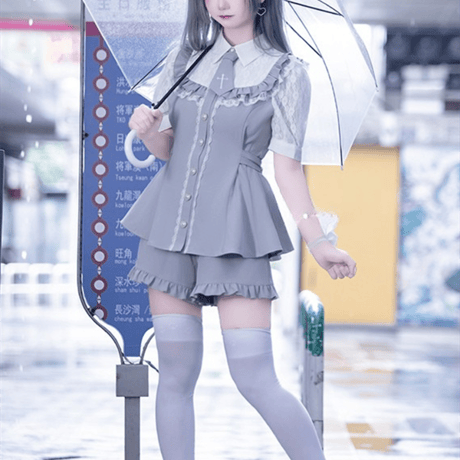 ハート地雷量産レースドールワンピース＋ショートパンツ＋ネクタイ ops109