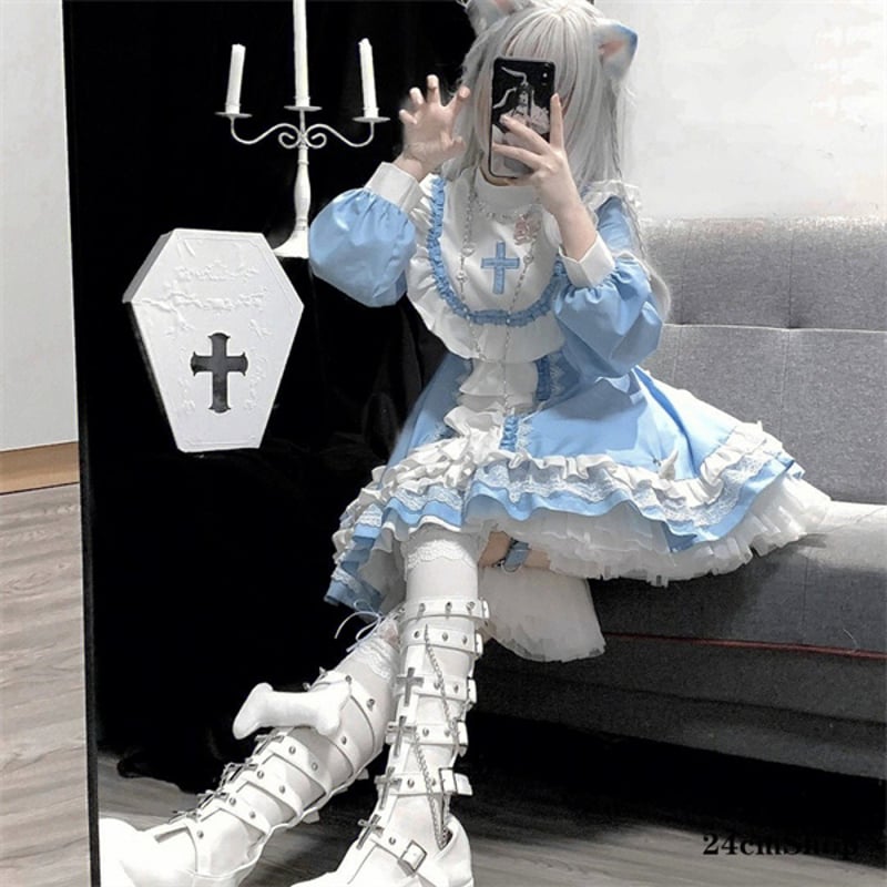 天使界隈👼】スタンドカラークロスエンジェルティアードリボンドレス