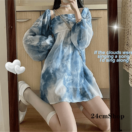 24cmShop 韓国ファッション青シフォンワンピース 1327