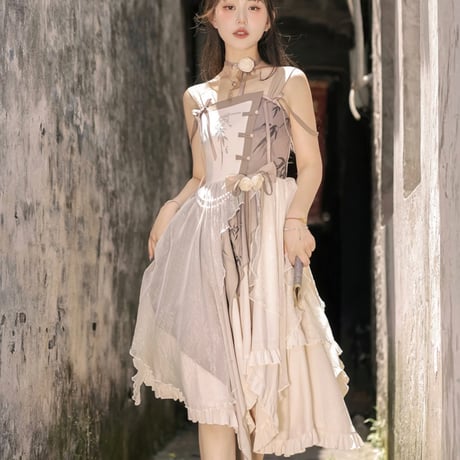 24cmShop ウエストレースアップチャイナワンピース ops007