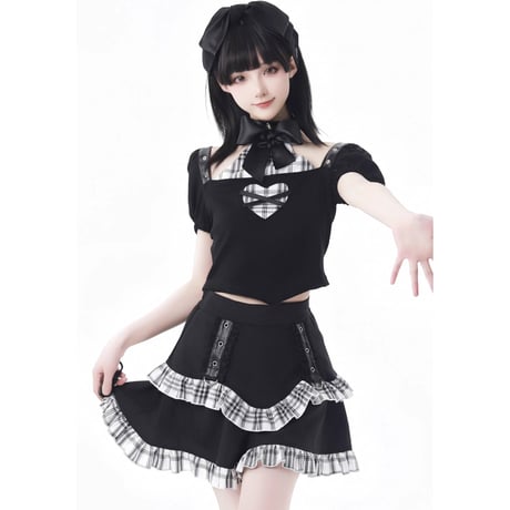 ブラックアンドホワイトチェックスリミングセット2点セット sus156