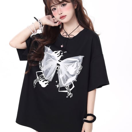 バタフライオリジナルプリントインスウィートガールルーズラウンドネックTシャツ1353
