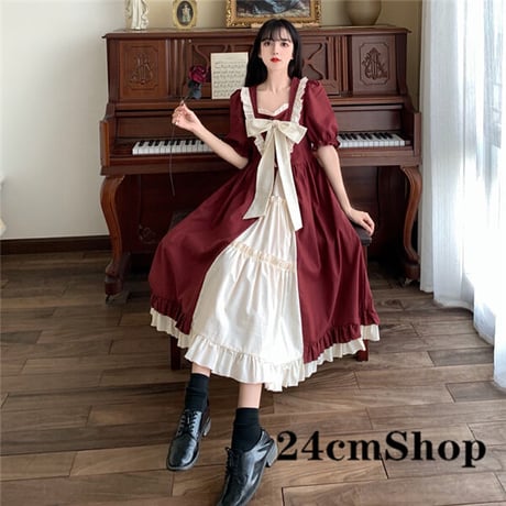 24cmShopバイカラーフロントリボンレトロフリルワンピース 1216