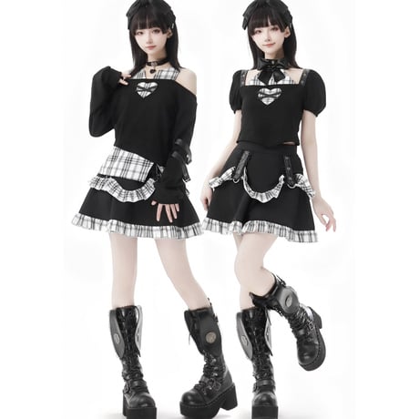 ブラックアンドホワイトチェックスリミングセット2点セット sus156