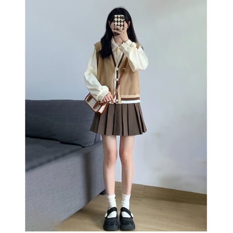 24cmShop 韓国ファッションベスト+ブラウス +スカート3点セット sus089