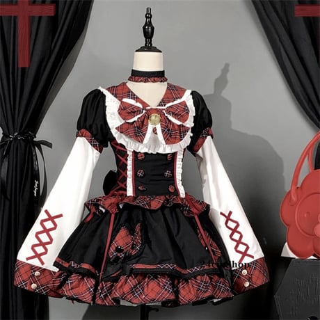 レッドチェックレースアップ姫袖ワンピース opf054