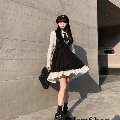 OnePieceブラック系シャツのロングスカート ネクタイ付き1202