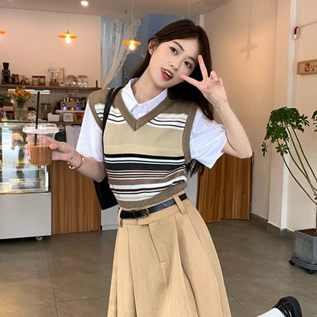 24cmShop 韓国ファッションベスト+ブラウス +スカート3点セット sus087