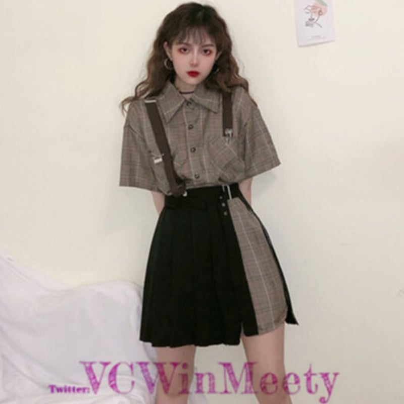 チェックアシンメトリースカートロングシャツセットアップ 054