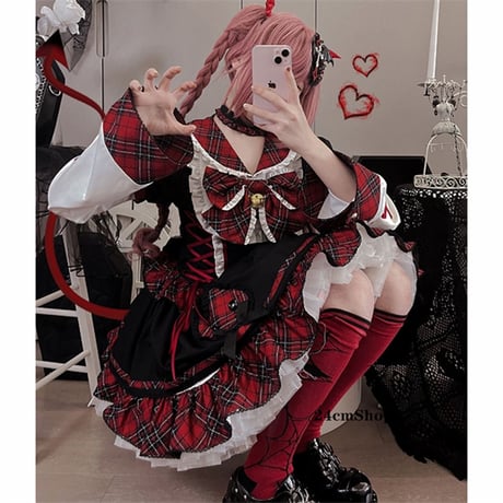 レッドチェックレースアップ姫袖ワンピース opf054