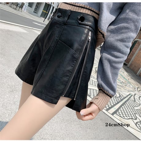 24cmShop Fashion Black PU Short Pants with Zipper kz002