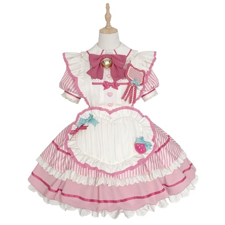イチゴストライプメイドワンピース 小物ありBセット ops069　予約商品