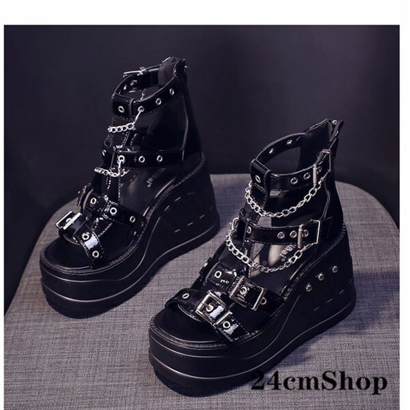 24cmShop ブラックエナメルスニーカー風厚底サンダル 1207