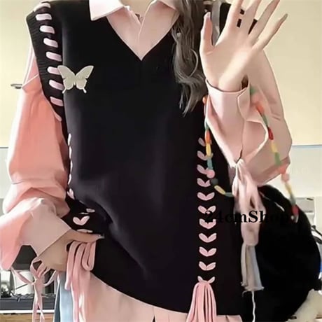 24cmShop ピンク系フリル襟ブラックピンクセットアップとセーター suf016