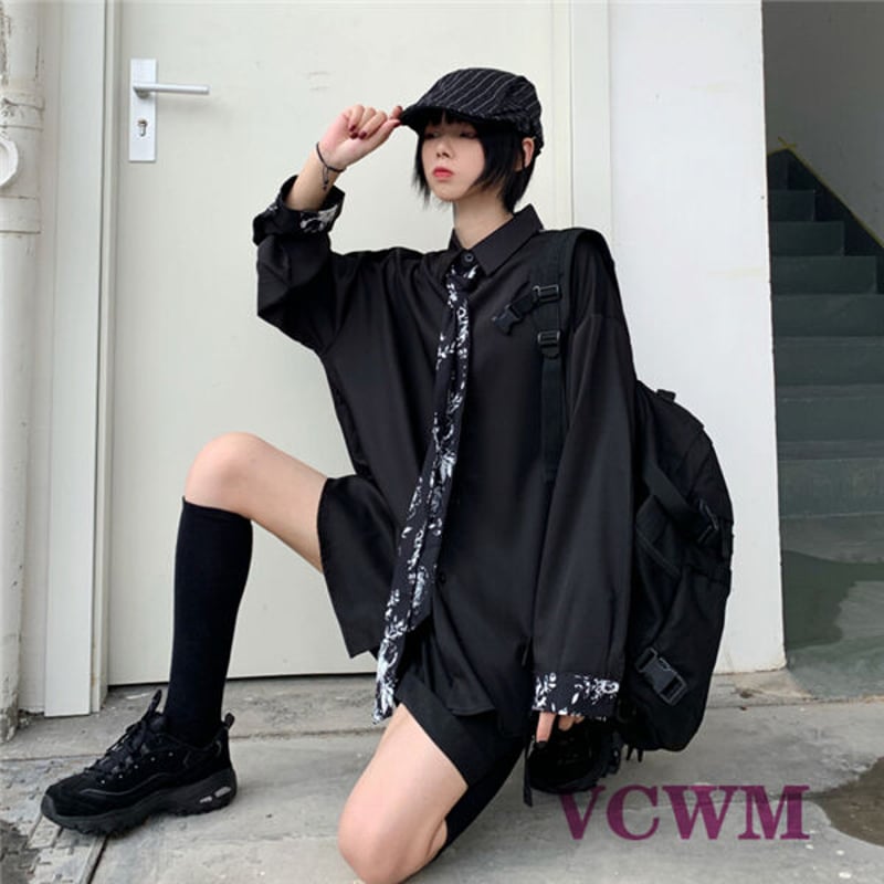 タイ付きモノトーンビッグシャツ 1022 | 可愛い服量産型服通販 タイ付きモノトーンビッグシャツ 1022 | 可愛い服量産型服通販