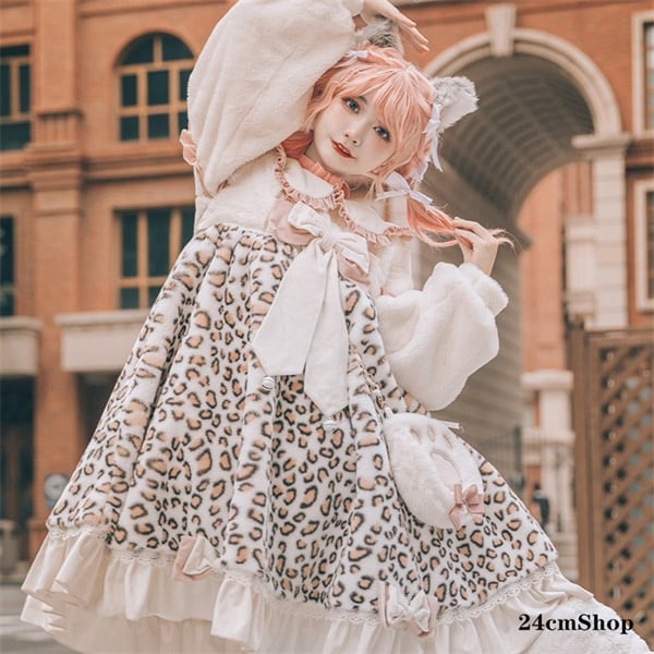【お急ぎ】よも レオパードなフリルドレスセット ベージュ セミオーダー スイートフリルレオパードドレス＋キャットハンドファーバッグ opf012