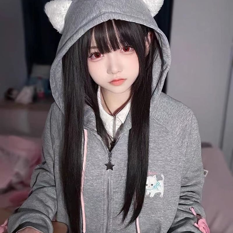 地雷_ゆめかわ_猫ちゃん_レースアップスリーブ_パーカー_2種