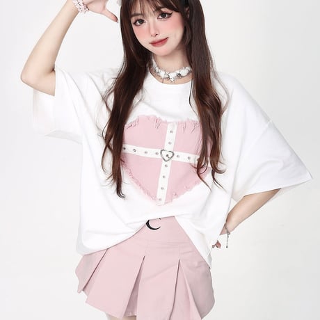 地雷ルーズラウンドネックコットンTシャツ1354