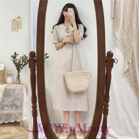 OnePiece レース 襟付き ハイウエスト ロング ワンピース 487