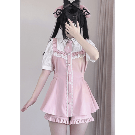 ハート地雷量産レースドールワンピース＋ショートパンツ＋ネクタイ ops109