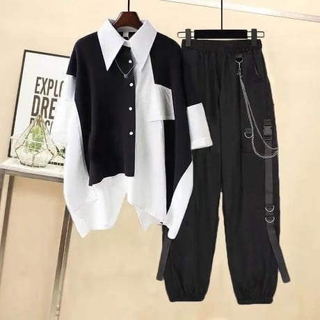 24cmShopブラック系ファッション地雷系シャツネクタイベルトズボン2点セットsus180