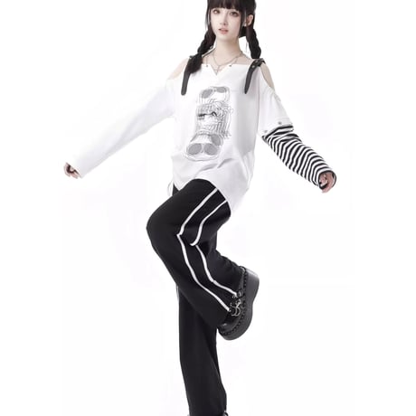 ブラックアンドホワイトオフショル＋スカート＋パンツ 2点セットsus151