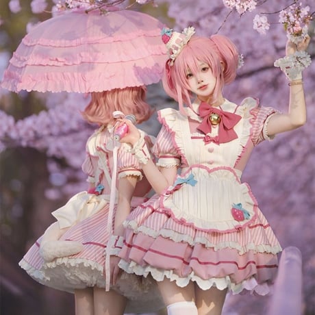 イチゴストライプメイドワンピース  小物ありAセット ops070 予約商品