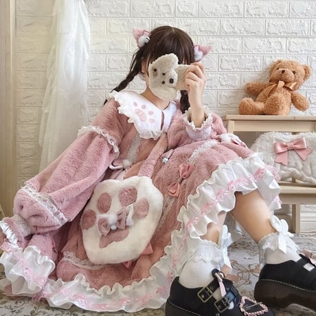 ふわふわ猫耳甘ロリワンピースセットアップフルセット  opf021