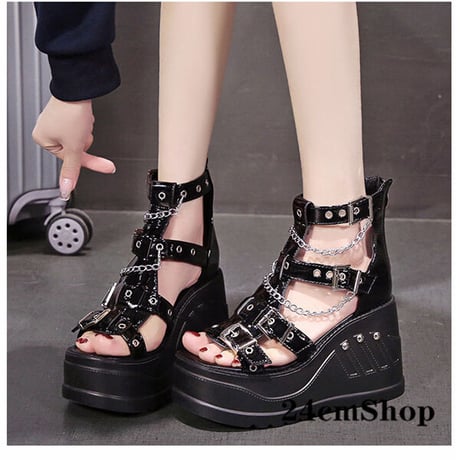 24cmShop ブラックエナメルスニーカー風厚底サンダル 1207