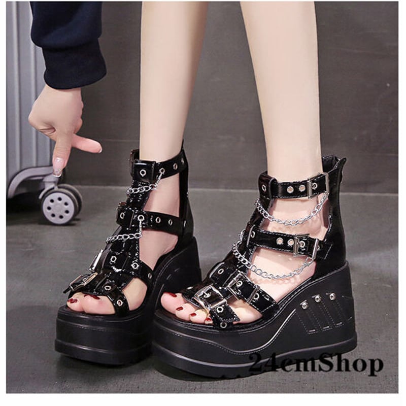 24cmShop ブラックエナメルスニーカー風厚底サンダル 1207