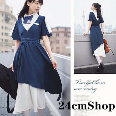 24cmShop鍵盤リボンブルーフレンチワンピース111
