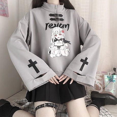 レザーバックルデザインベルスリーブスタンドネックプルオーバー1298