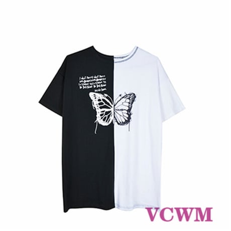 バイカラーバタフライプリントロング丈Tシャツ 1023
