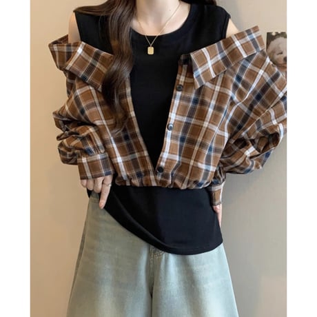 かわいいレトロなチェックの長袖シャツCY043