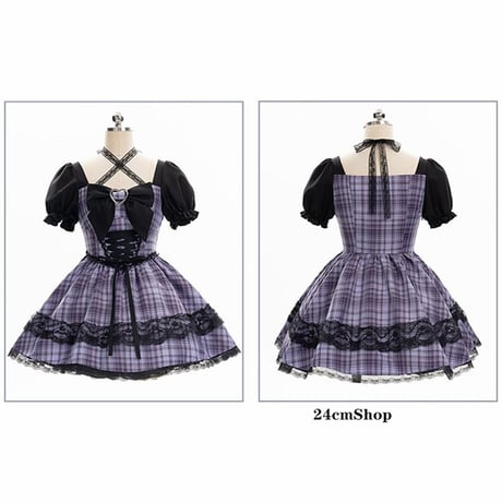 長袖パープルチェッククロスホルターネックワンピース opf056