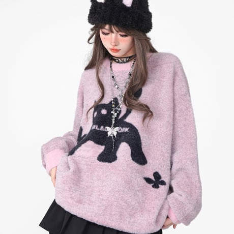 キャットデザインロングショートニット tx049