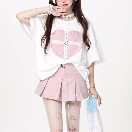 地雷ルーズラウンドネックコットンTシャツ1354