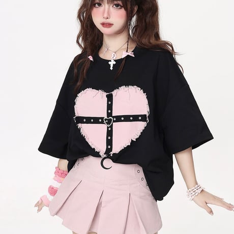 地雷ルーズラウンドネックコットンTシャツ1354