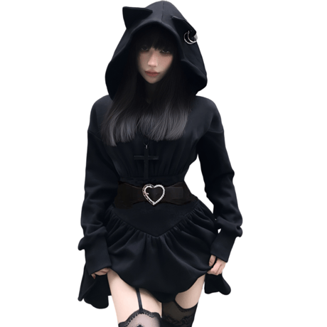 【Amazonで購入可能】猫耳ワンピース ブラック 秋冬  裏起毛防寒仕様 opf165