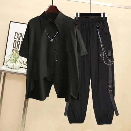 24cmShopブラック系ファッション地雷系シャツネクタイベルトズボン2点セットsus181