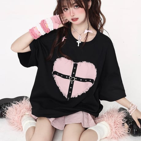 地雷ルーズラウンドネックコットンTシャツ1354