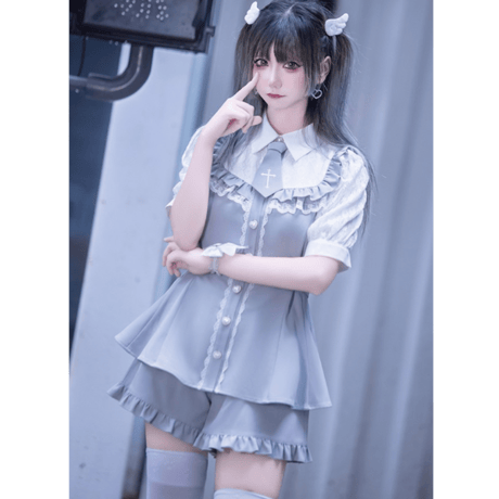ハート地雷量産レースドールワンピース＋ショートパンツ＋ネクタイ ops109