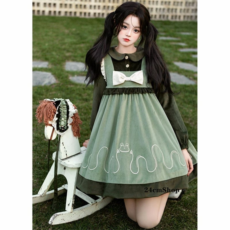 ワンピース ベルスリーブ ベルベット調 異素材 可愛い ホワイトリボンベルベットワンピース opf127 | 可愛い服量産型服