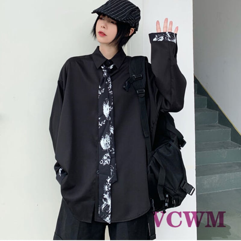 タイ付きモノトーンビッグシャツ 1022 | 可愛い服量産型服通販 タイ付きモノトーンビッグシャツ 1022 | 可愛い服量産型服通販